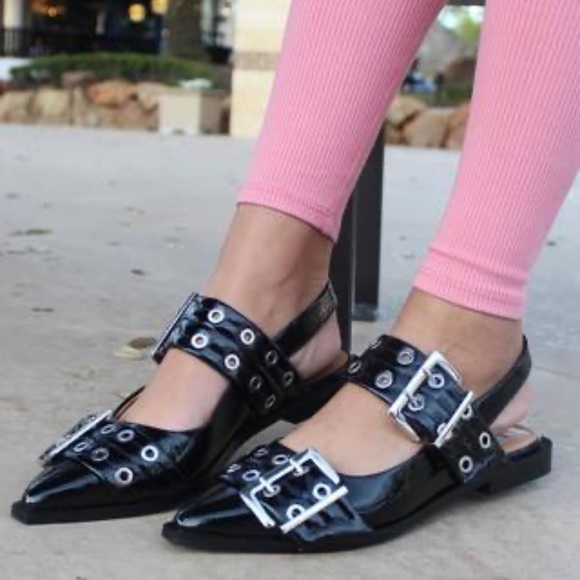 New Double Buckle Ballet Flats Silver NWT Black Slip On Pointed Toe Faux Leather - Picture 10 of 16